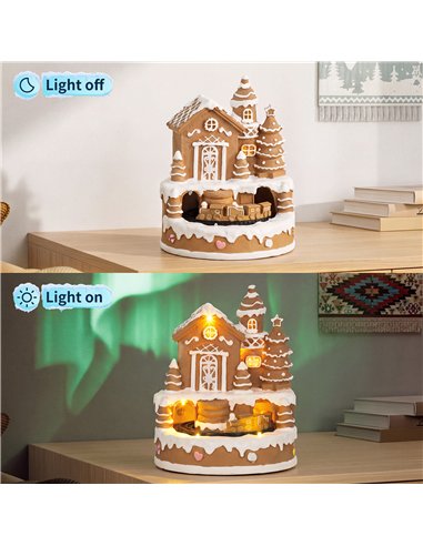 HOMCOM Christmas Gingerbread House, Lighted Musical Snow Village with Rotating Train, LEDs, Tunes, Battery Operated
