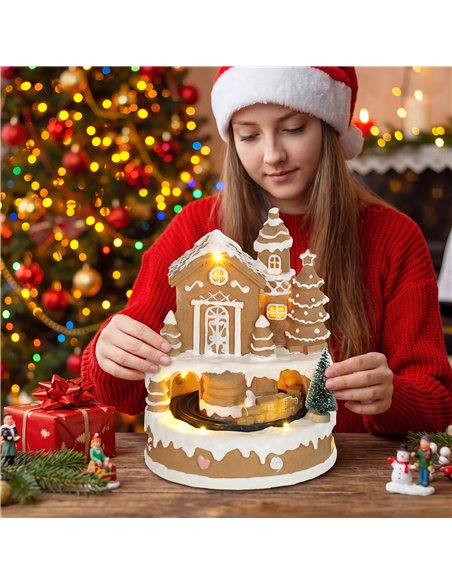 HOMCOM Christmas Gingerbread House, Lighted Musical Snow Village with Rotating Train, LEDs, Tunes, Battery Operated - pic 211722 | FastDaddyshop