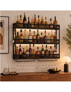 HOMCOM Wall-Mounted Wine Rack with LED Lights, Glass Holders, Open Shelf, Metal Storage Rack, Black 2