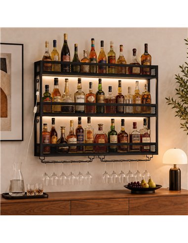 HOMCOM Wall-Mounted Wine Rack with LED Lights, Glass Holders, Open Shelf, Metal Storage Rack, Black