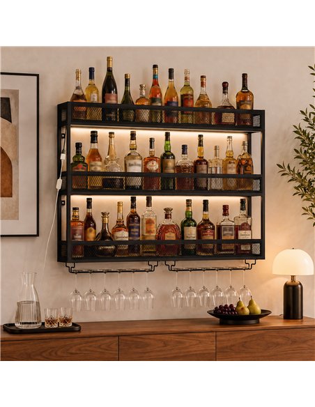 HOMCOM Wall-Mounted Wine Rack with LED Lights, Glass Holders, Open Shelf, Metal Storage Rack, Black - pic 211724 | FastDaddyshop