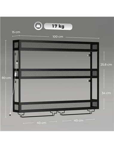 HOMCOM Wall-Mounted Wine Rack with LED Lights, Glass Holders, Open Shelf, Metal Storage Rack, Black