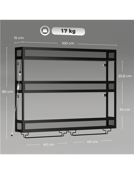 HOMCOM Wall-Mounted Wine Rack with LED Lights, Glass Holders, Open Shelf, Metal Storage Rack, Black - pic 211725 | FastDaddyshop