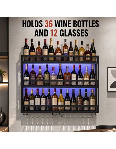 HOMCOM Wall-Mounted Wine Rack with LED Lights, Glass Holders, Open Shelf, Metal Storage Rack, Black