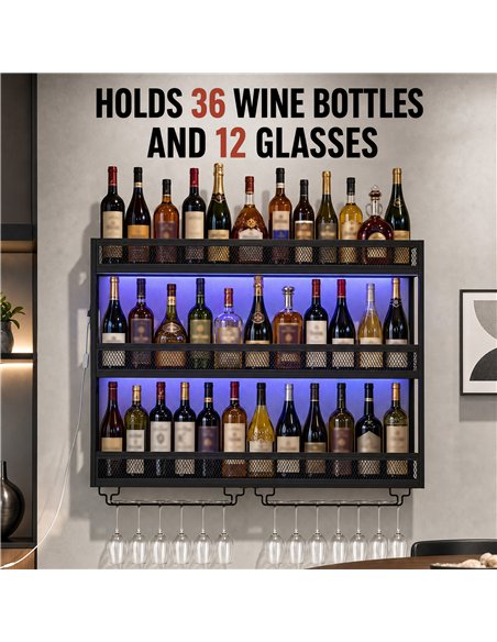 HOMCOM Wall-Mounted Wine Rack with LED Lights, Glass Holders, Open Shelf, Metal Storage Rack, Black - pic 211726 | FastDaddyshop