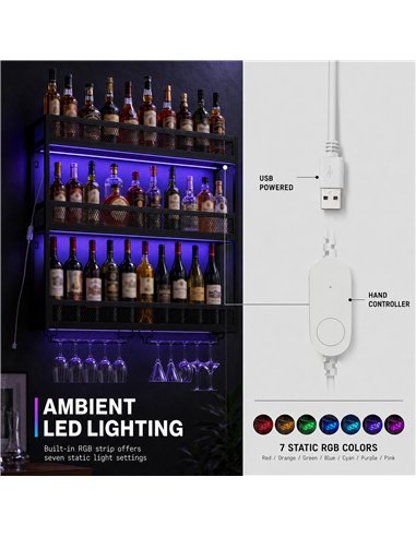 HOMCOM Wall-Mounted Wine Rack with LED Lights, Glass Holders, Open Shelf, Metal Storage Rack, Black