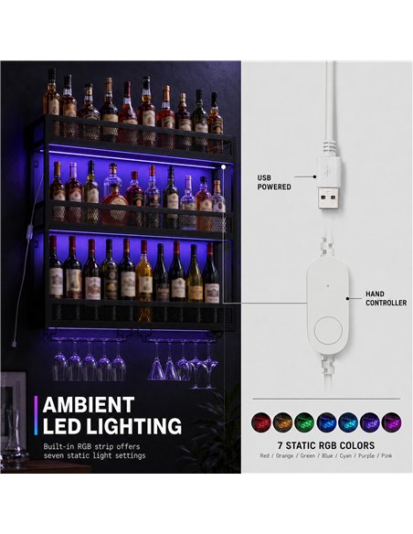 HOMCOM Wall-Mounted Wine Rack with LED Lights, Glass Holders, Open Shelf, Metal Storage Rack, Black - pic 211727 | FastDaddyshop