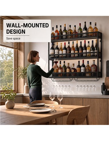 HOMCOM Wall-Mounted Wine Rack with LED Lights, Glass Holders, Open Shelf, Metal Storage Rack, Black
