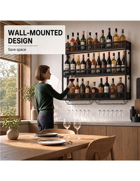 HOMCOM Wall-Mounted Wine Rack with LED Lights, Glass Holders, Open Shelf, Metal Storage Rack, Black - pic 211728 | FastDaddyshop