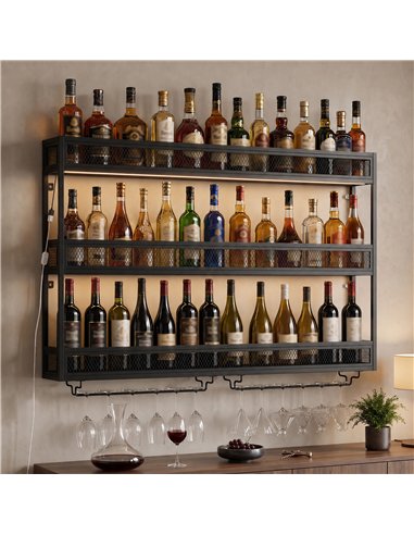 HOMCOM Wall-Mounted Wine Rack with LED Lights, Glass Holders, Open Shelf, Metal Storage Rack, Black