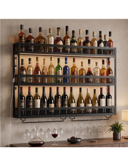 HOMCOM Wall-Mounted Wine Rack with LED Lights, Glass Holders, Open Shelf, Metal Storage Rack, Black - pic 211730 | FastDaddyshop