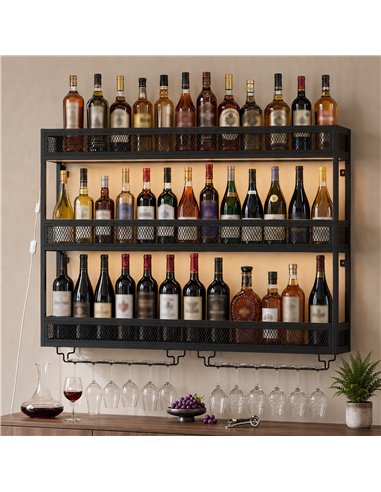 HOMCOM Wall-Mounted Wine Rack with LED Lights, Glass Holders, Open Shelf, Metal Storage Rack, Black