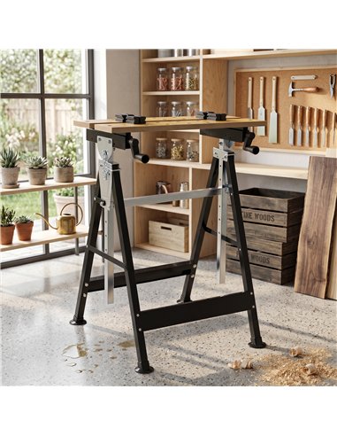 HOMCOM Portable Folding Workbench with Adjustable Height & Angle, Work Bench with 4 Adjustable Clamping Pegs, Beige