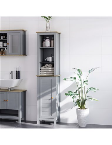 Kleankin Bathroom Free Standing Storage Cabinet with 3 Tier Shelf, Door, Grey