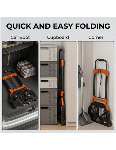 HOMCOM Heavy Duty Foldable Trolley on Wheels, Steel Folding Hand Truck, 75kg, Black and Orange