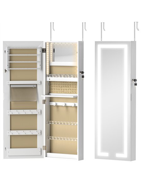 HOMCOM LED Mirror Jewellery Cabinet, Wall Mounted Full Length Mirror with Storage, Lockable Jewellery Organiser, White - pic 211759 | FastDaddyshop