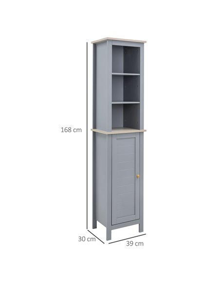 Kleankin Bathroom Free Standing Storage Cabinet with 3 Tier Shelf, Door, Grey - pic 21176 | FastDaddyshop