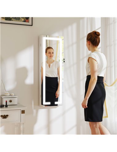 HOMCOM LED Mirror Jewellery Cabinet, Wall Mounted Full Length Mirror with Storage, Lockable Jewellery Organiser, White