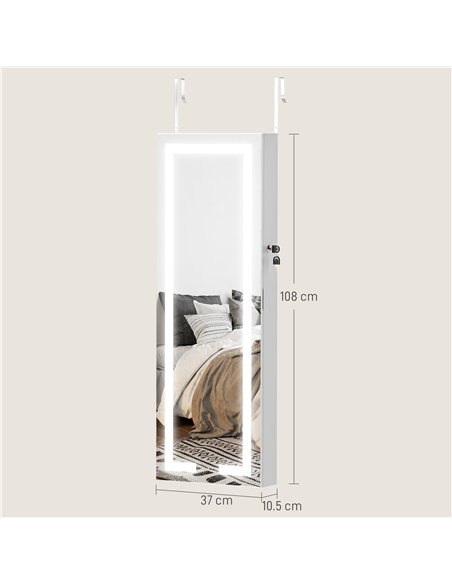 HOMCOM LED Mirror Jewellery Cabinet, Wall Mounted Full Length Mirror with Storage, Lockable Jewellery Organiser, White - pic 211761 | FastDaddyshop