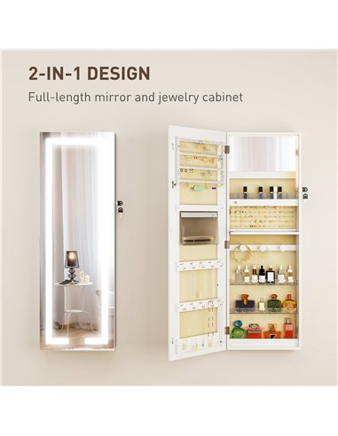 HOMCOM LED Mirror Jewellery Cabinet, Wall Mounted Full Length Mirror with Storage, Lockable Jewellery Organiser, White