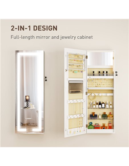 HOMCOM LED Mirror Jewellery Cabinet, Wall Mounted Full Length Mirror with Storage, Lockable Jewellery Organiser, White - pic 211762 | FastDaddyshop