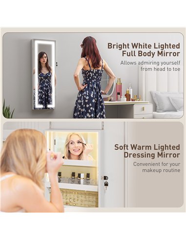 HOMCOM LED Mirror Jewellery Cabinet, Wall Mounted Full Length Mirror with Storage, Lockable Jewellery Organiser, White