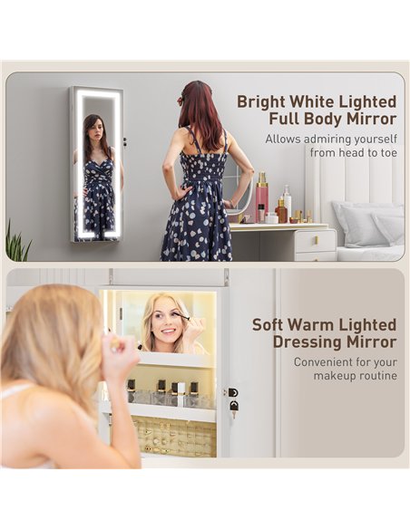 HOMCOM LED Mirror Jewellery Cabinet, Wall Mounted Full Length Mirror with Storage, Lockable Jewellery Organiser, White - pic 211763 | FastDaddyshop