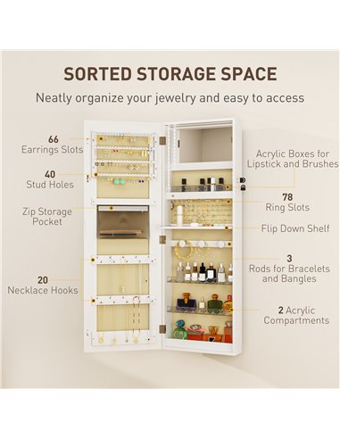 HOMCOM LED Mirror Jewellery Cabinet, Wall Mounted Full Length Mirror with Storage, Lockable Jewellery Organiser, White