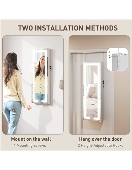 HOMCOM LED Mirror Jewellery Cabinet, Wall Mounted Full Length Mirror with Storage, Lockable Jewellery Organiser, White - pic 211765 | FastDaddyshop