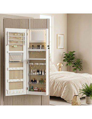 HOMCOM LED Mirror Jewellery Cabinet, Wall Mounted Full Length Mirror with Storage, Lockable Jewellery Organiser, White