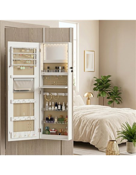 HOMCOM LED Mirror Jewellery Cabinet, Wall Mounted Full Length Mirror with Storage, Lockable Jewellery Organiser, White - pic 211766 | FastDaddyshop