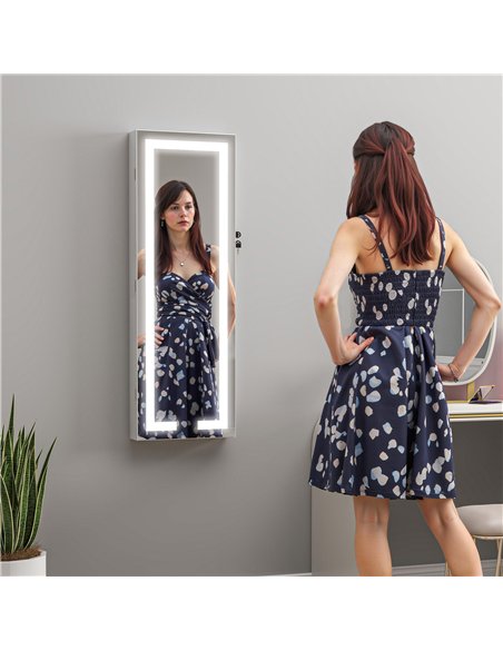 HOMCOM LED Mirror Jewellery Cabinet, Wall Mounted Full Length Mirror with Storage, Lockable Jewellery Organiser, White - pic 211767 | FastDaddyshop
