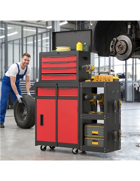 HOMCOM Tool Chest, Mobile Modular Tool Box with 5 Drawers, Side Rack, Pegboard, Lock, Tool Cabinet for Garage Workshop, Red - pic 211769 | FastDaddyshop