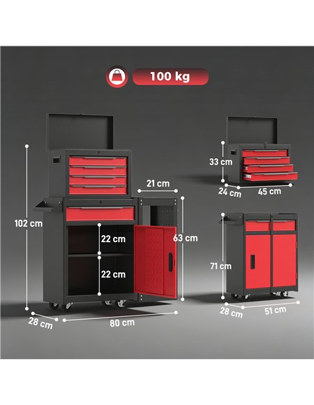 HOMCOM Tool Chest, Mobile Modular Tool Box with 5 Drawers, Side Rack, Pegboard, Lock, Tool Cabinet for Garage Workshop, Red - pic 211770 | FastDaddyshop