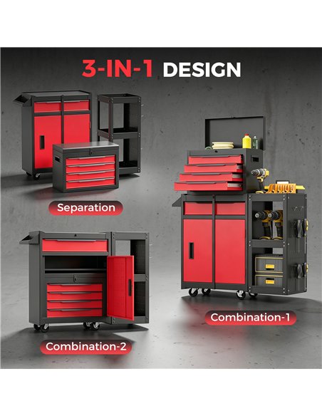 HOMCOM Tool Chest, Mobile Modular Tool Box with 5 Drawers, Side Rack, Pegboard, Lock, Tool Cabinet for Garage Workshop, Red - pic 211771 | FastDaddyshop