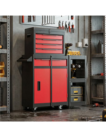 HOMCOM Tool Chest, Mobile Modular Tool Box with 5 Drawers, Side Rack, Pegboard, Lock, Tool Cabinet for Garage Workshop, Red - pic 211775 | FastDaddyshop