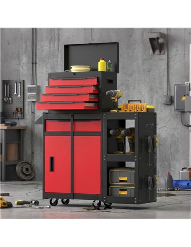 HOMCOM Tool Chest, Mobile Modular Tool Box with 5 Drawers, Side Rack, Pegboard, Lock, Tool Cabinet for Garage Workshop, Red