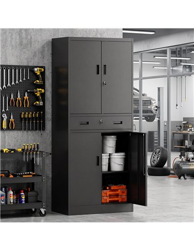 HOMCOM Metal Storage Cabinet, 180cm Tall Tool Cabinet with Locking Doors, Drawer and Adjustable Shelves, Black