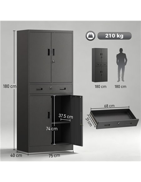 HOMCOM Metal Storage Cabinet, 180cm Tall Tool Cabinet with Locking Doors, Drawer and Adjustable Shelves, Black - pic 211779 | FastDaddyshop