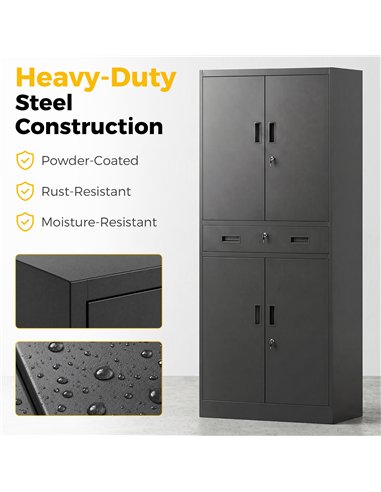 HOMCOM Metal Storage Cabinet, 180cm Tall Tool Cabinet with Locking Doors, Drawer and Adjustable Shelves, Black