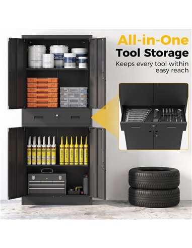 HOMCOM Metal Storage Cabinet, 180cm Tall Tool Cabinet with Locking Doors, Drawer and Adjustable Shelves, Black