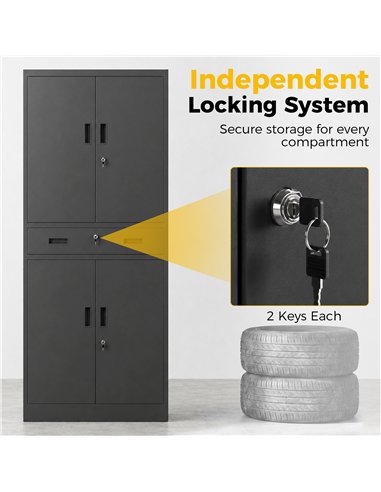 HOMCOM Metal Storage Cabinet, 180cm Tall Tool Cabinet with Locking Doors, Drawer and Adjustable Shelves, Black