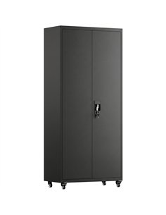 HOMCOM Metal Storage Cabinet, 180 cm Tall Lockable Steel Tool Cabinet with Removable Wheels and Adjustable Shelves, Black