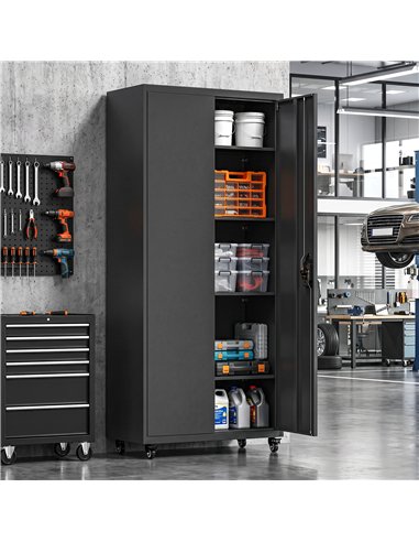 HOMCOM Metal Storage Cabinet, 180 cm Tall Lockable Steel Tool Cabinet with Removable Wheels and Adjustable Shelves, Black