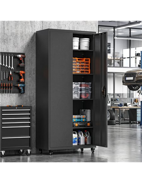 HOMCOM Metal Storage Cabinet, 180 cm Tall Lockable Steel Tool Cabinet with Removable Wheels and Adjustable Shelves, Black - pic 211787 | FastDaddyshop