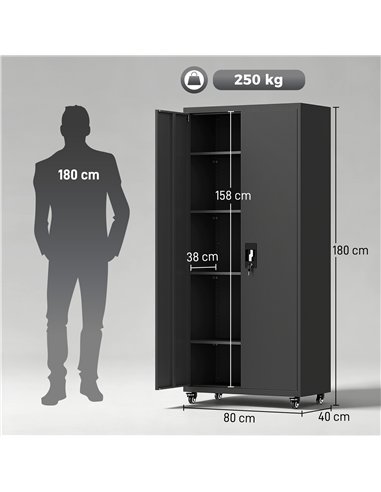 HOMCOM Metal Storage Cabinet, 180 cm Tall Lockable Steel Tool Cabinet with Removable Wheels and Adjustable Shelves, Black