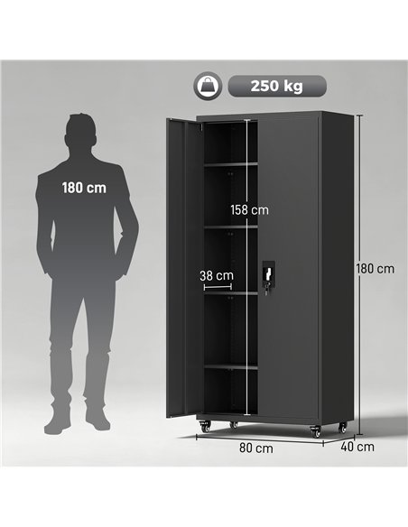 HOMCOM Metal Storage Cabinet, 180 cm Tall Lockable Steel Tool Cabinet with Removable Wheels and Adjustable Shelves, Black - pic 211788 | FastDaddyshop