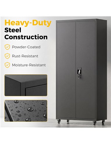 HOMCOM Metal Storage Cabinet, 180 cm Tall Lockable Steel Tool Cabinet with Removable Wheels and Adjustable Shelves, Black