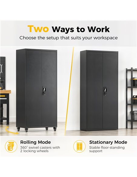 HOMCOM Metal Storage Cabinet, 180 cm Tall Lockable Steel Tool Cabinet with Removable Wheels and Adjustable Shelves, Black - pic 211790 | FastDaddyshop