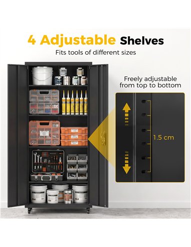 HOMCOM Metal Storage Cabinet, 180 cm Tall Lockable Steel Tool Cabinet with Removable Wheels and Adjustable Shelves, Black